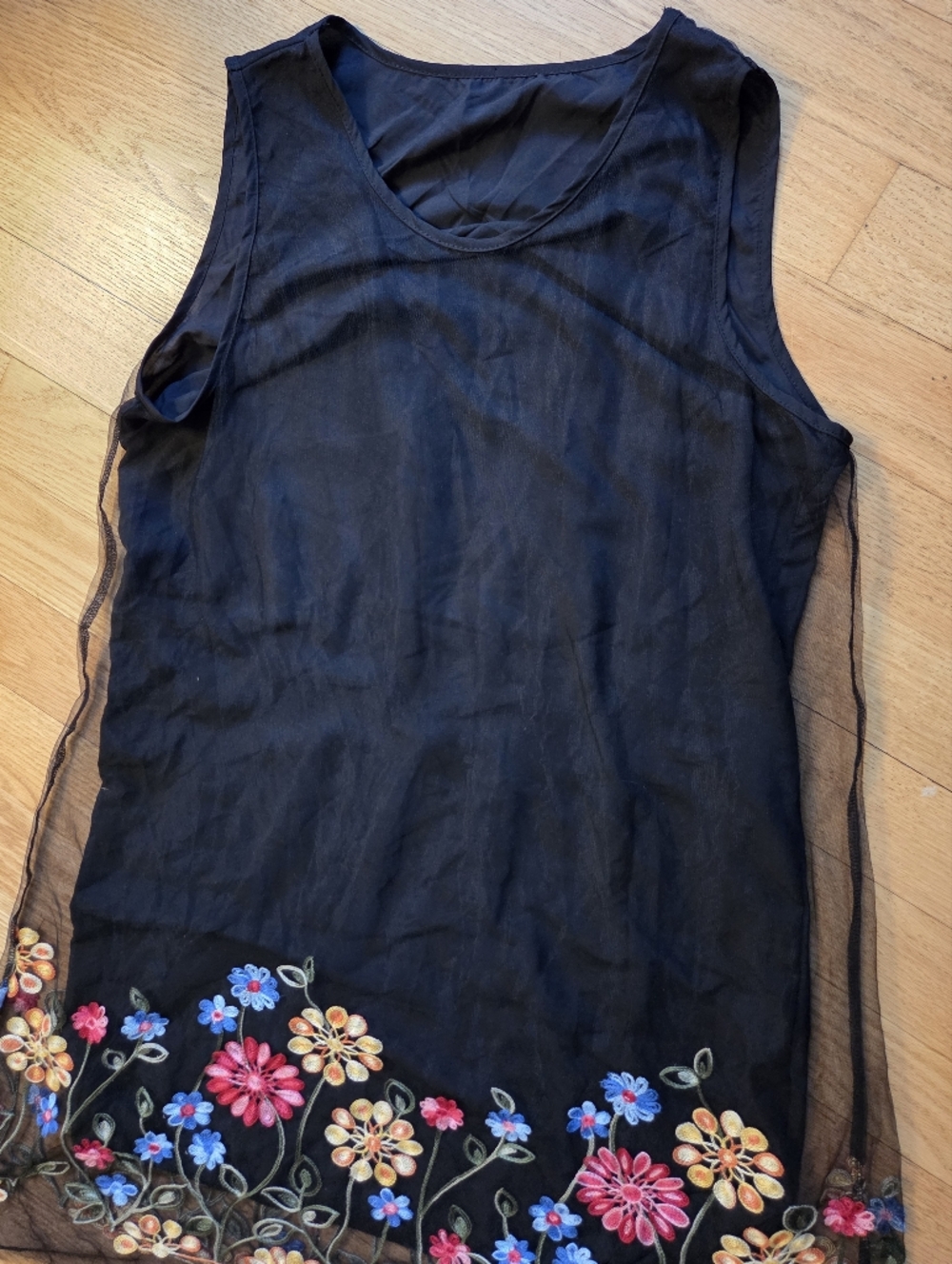 Black Sheer Sleeveless Slip Dress with Multi-Color Floral Embroidery - Picture 3 of 5